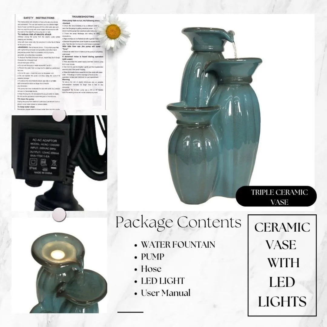 Triple Ceramic Vase Water Feature With LED Lighting