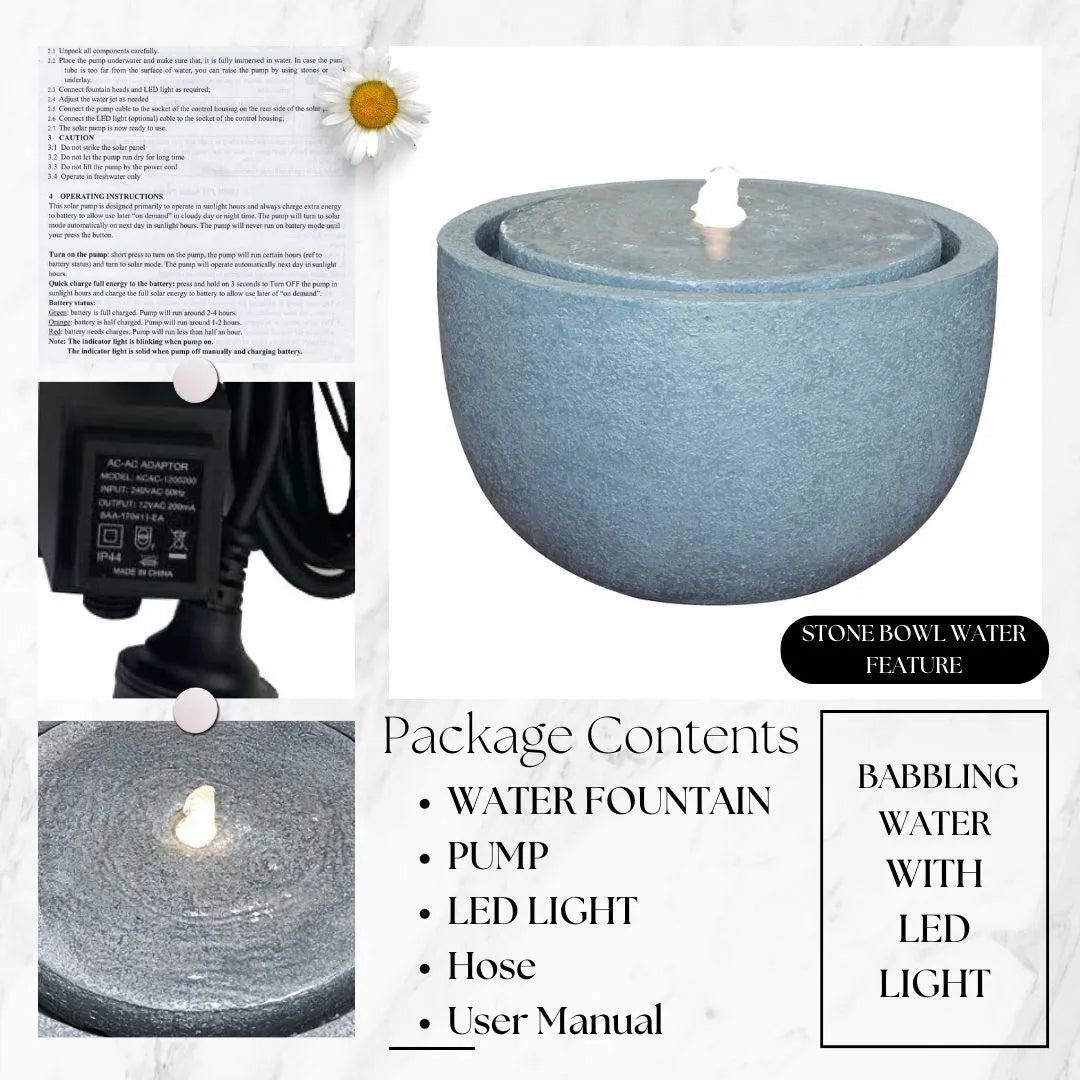 Bubbling Bowl Water Feature with LED Glow