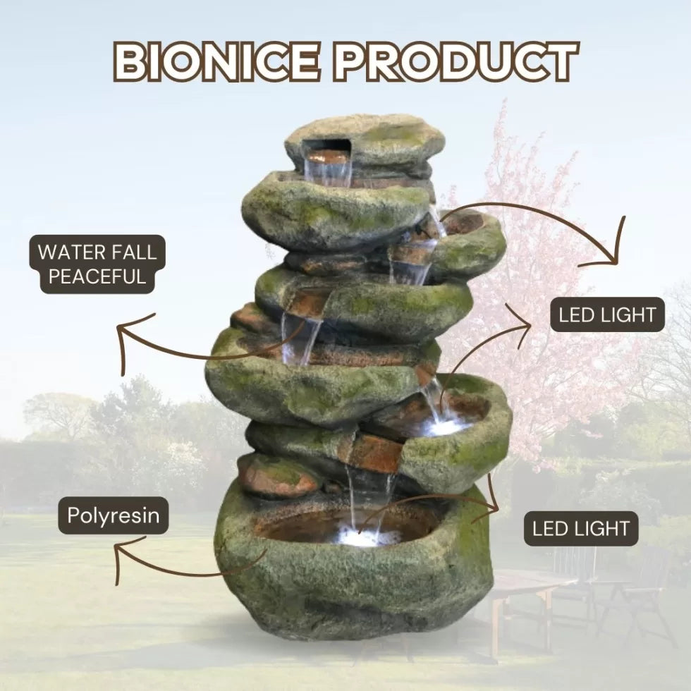 Rustic rock cascading LED light water feature