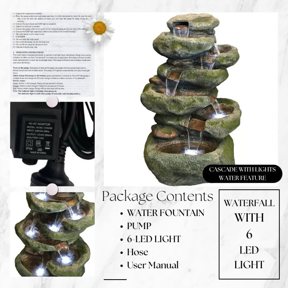 Rustic rock cascading LED light water feature