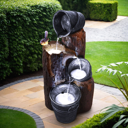 Rustic Cascading 3 Tier Solar Fountain with Buckets and LED Lighting