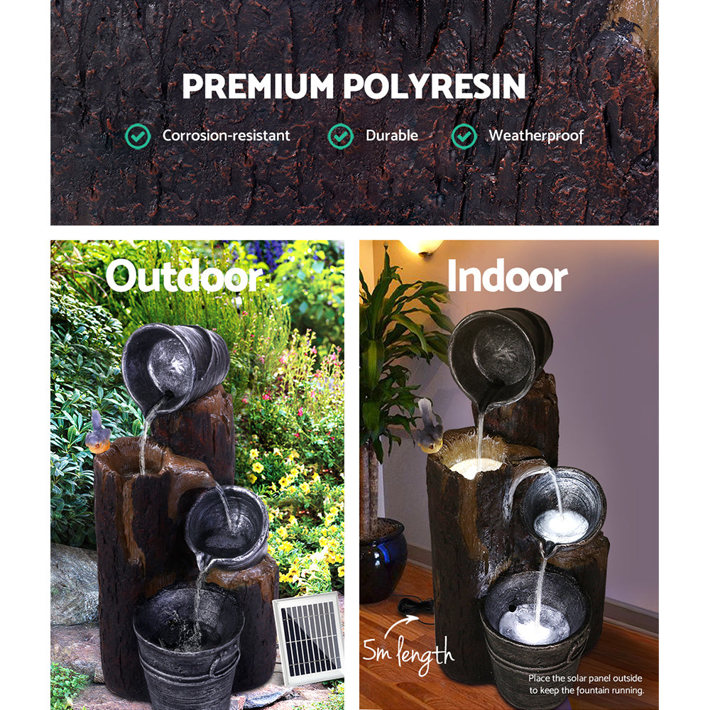 Rustic Cascading 3 Tier Solar Fountain with Buckets and LED Lighting