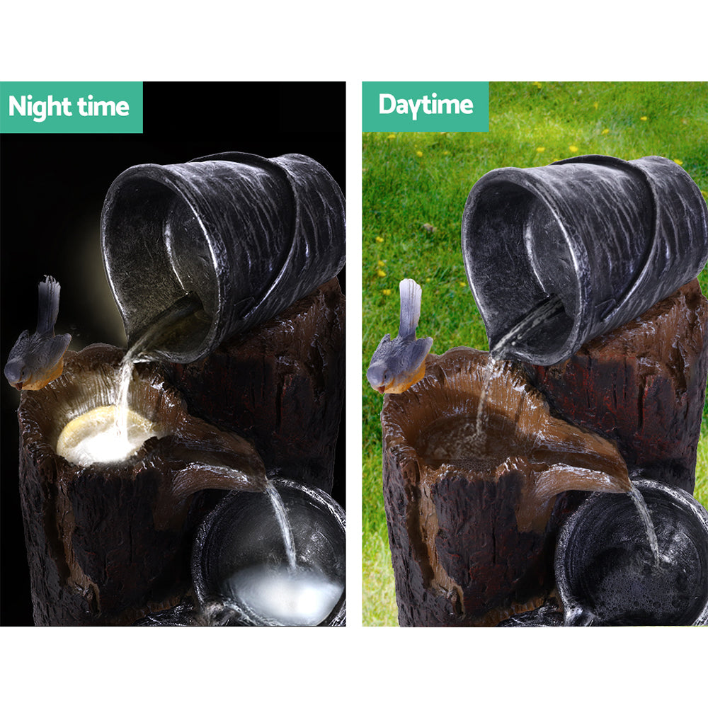 Rustic Cascading 3 Tier Solar Fountain with Buckets and LED Lighting