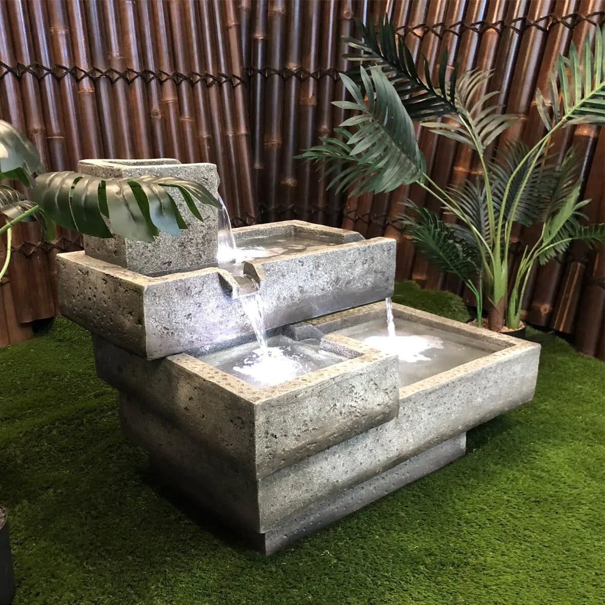 Modern Tiered Stone Look LED Lighting Water Feature
