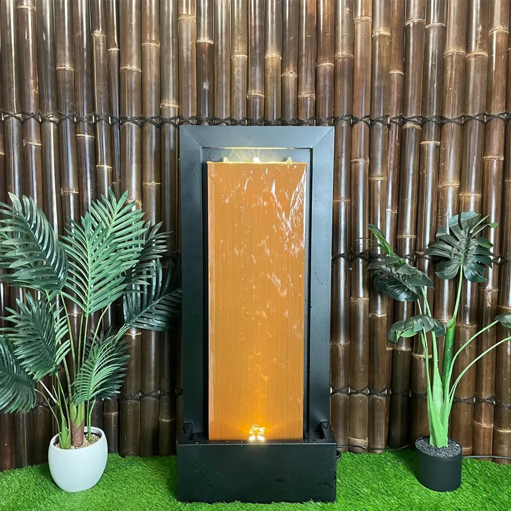 Modern Bronze Frame LED Lighting Wall Water Feature