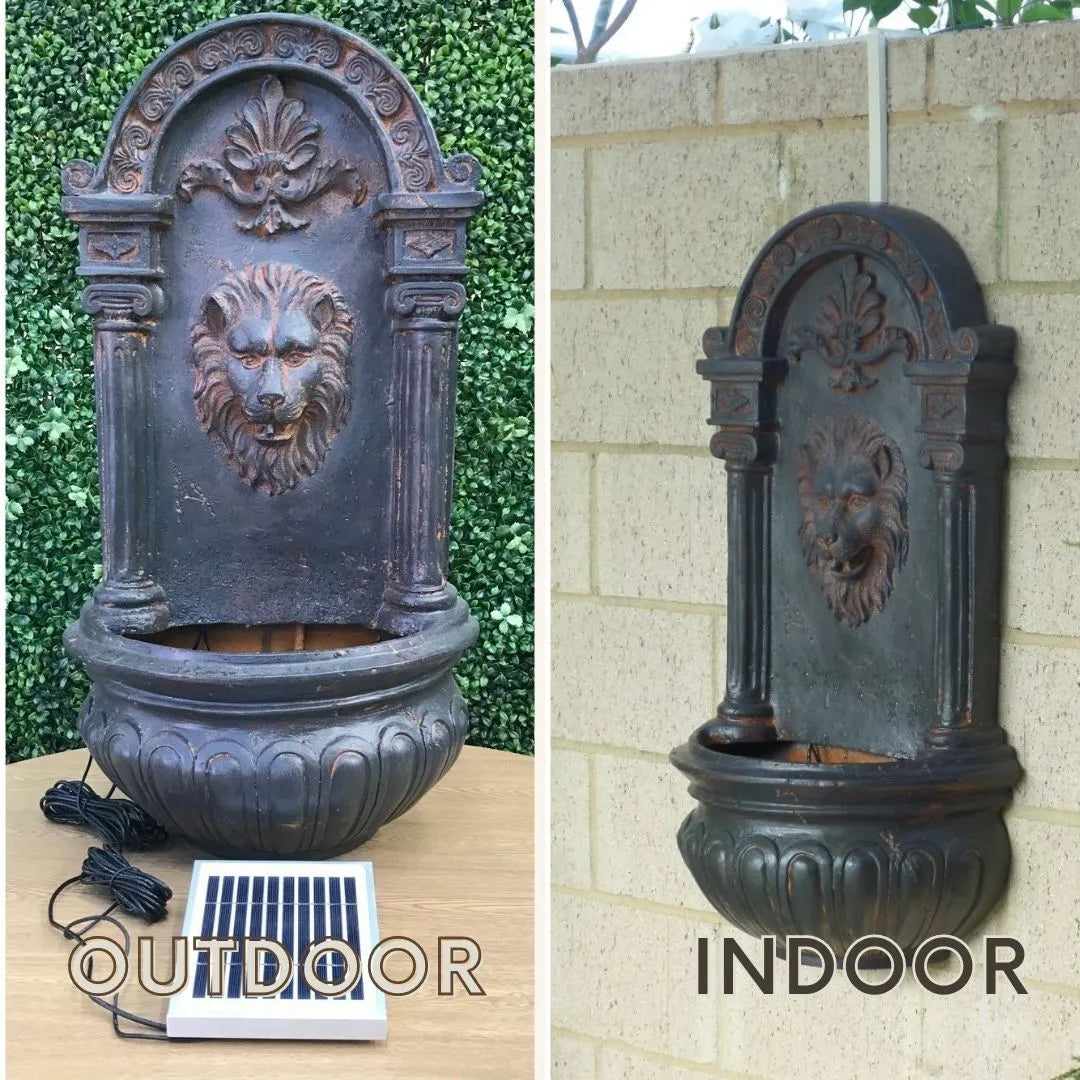 Solar Rustic Lion Spout Wall Water Feature with LED