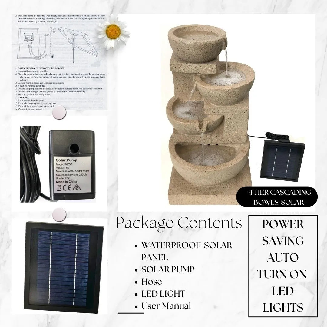 Solar 4 Tiered Cascading Natural Stone Water Feature