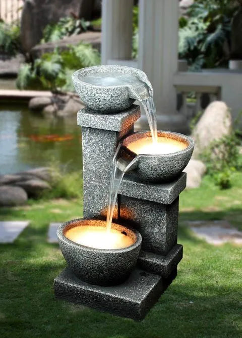 Cascading Bowls Stone Look Water Feature with LED