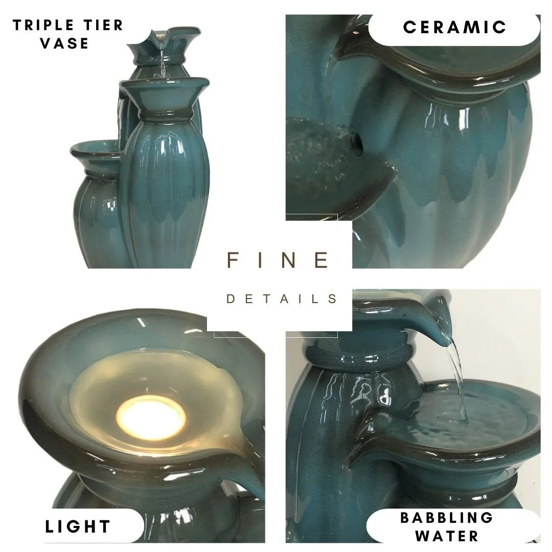 Triple Ceramic Vase Water Feature With LED Lighting