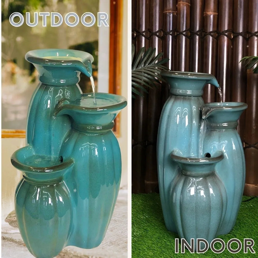 Triple Ceramic Vase Water Feature With LED Lighting