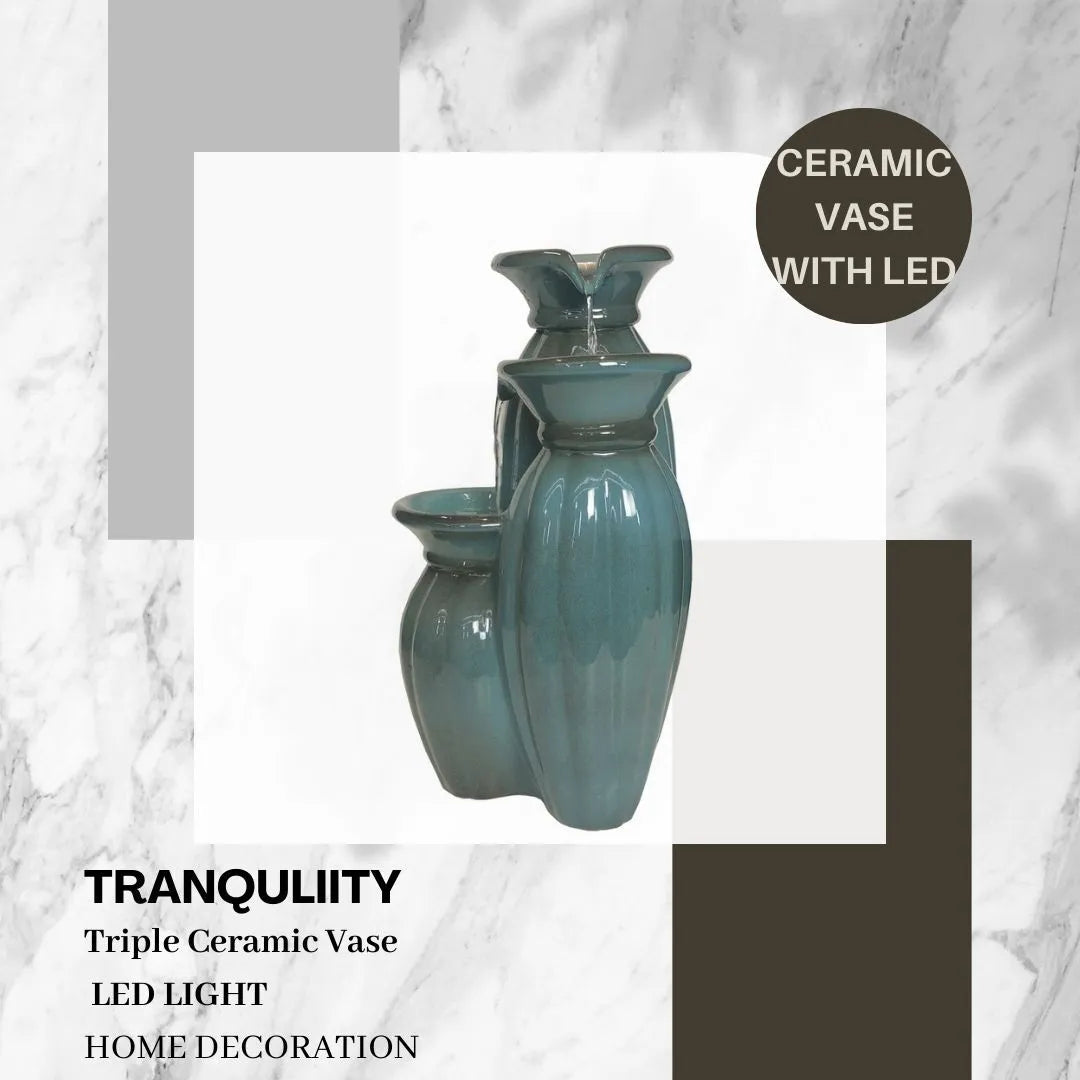 Triple Ceramic Vase Water Feature With LED Lighting