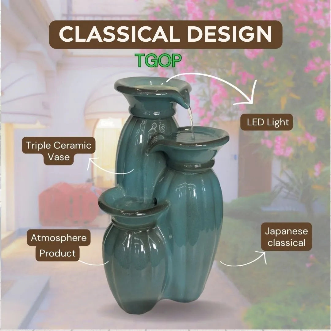 Triple Ceramic Vase Water Feature With LED Lighting