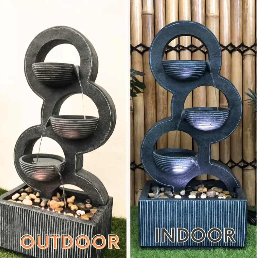 Modern 3 bowl cascading water feature with LED light