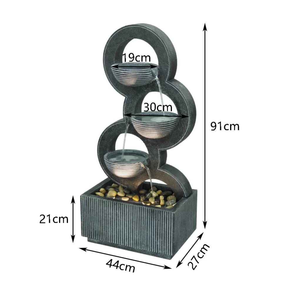 Modern 3 bowl cascading water feature with LED light