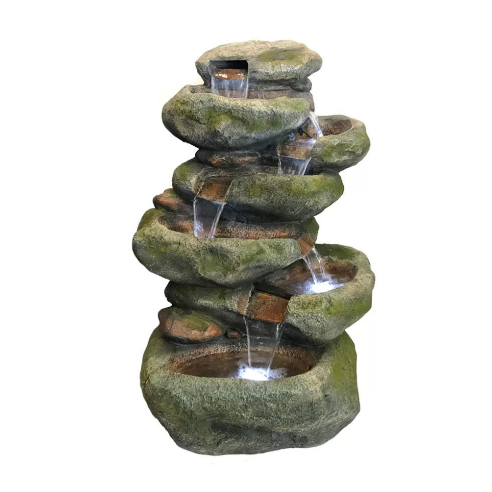 Rustic rock cascading LED light water feature