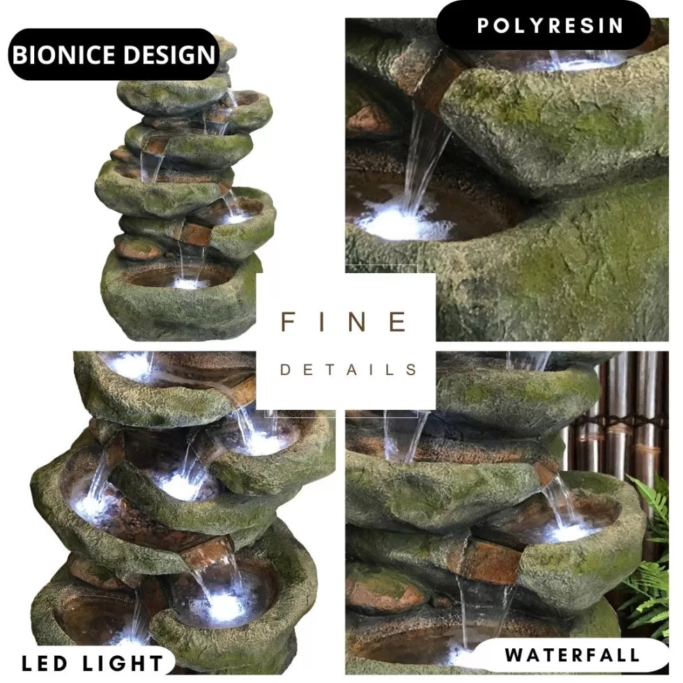 Rustic rock cascading LED light water feature