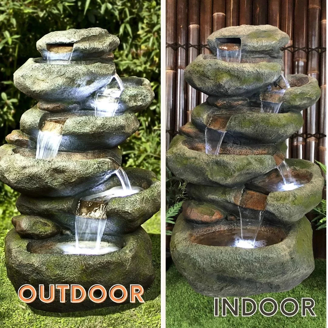 Rustic rock cascading LED light water feature
