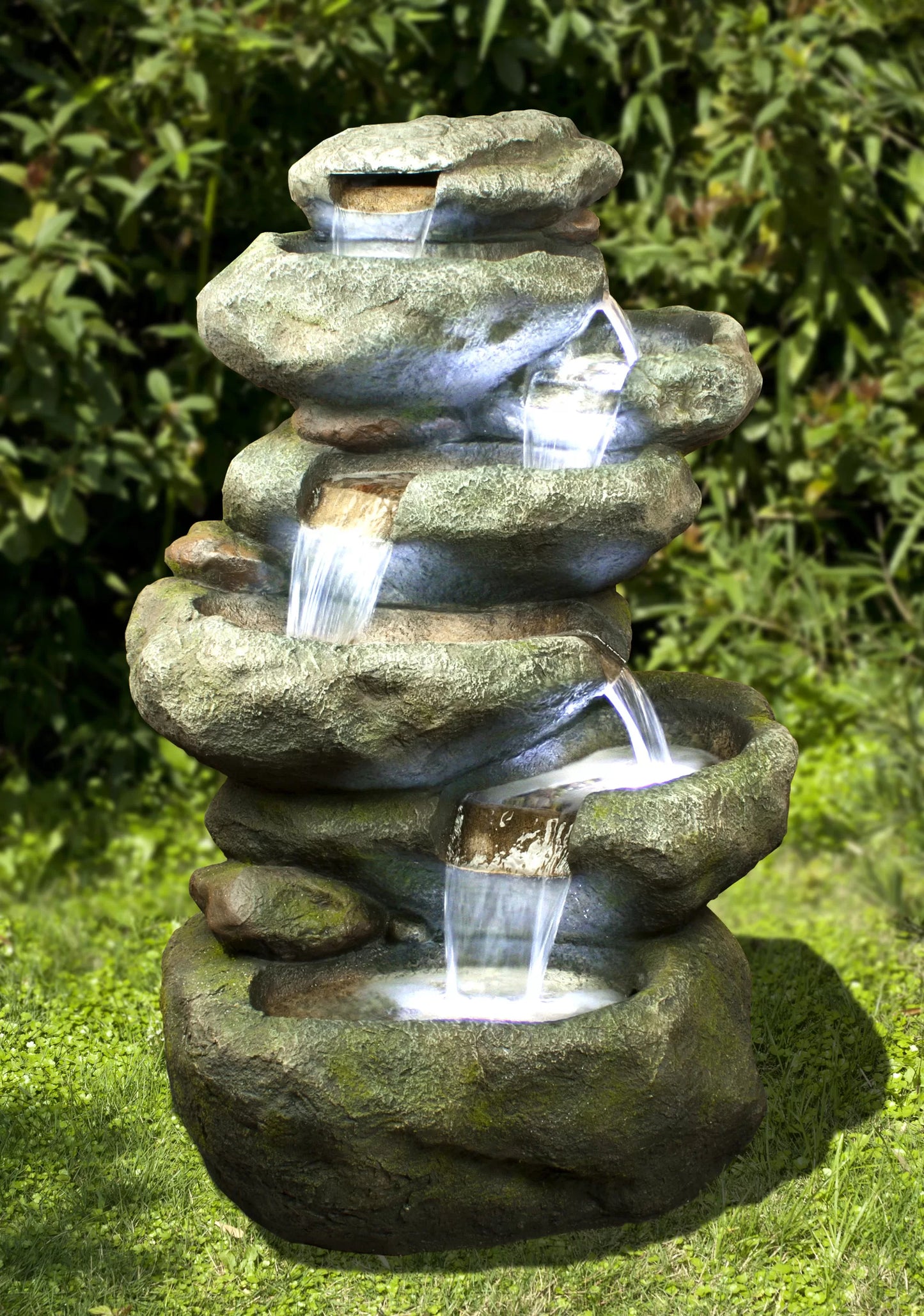 Rustic rock cascading LED light water feature