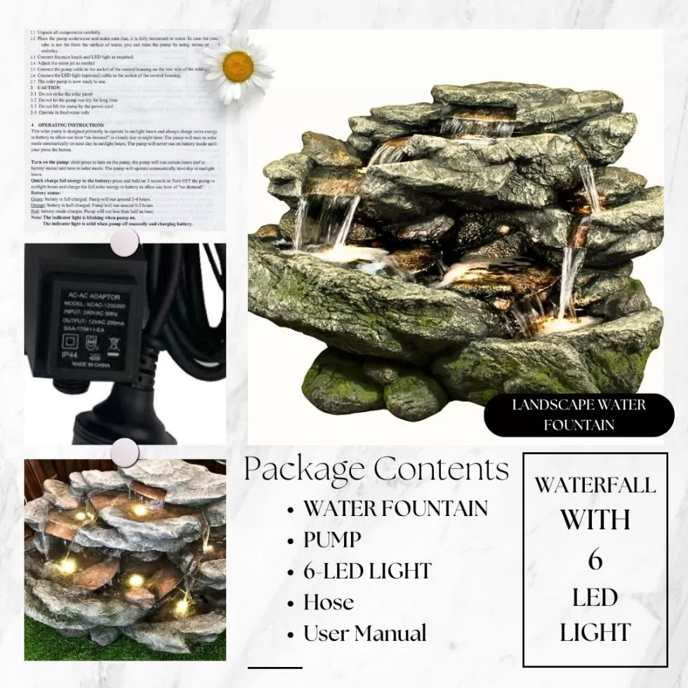 Garden Rock Waterfall Water Feature With LED Light
